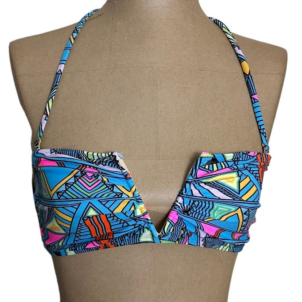 Mara Hoffman XS Bikini Top Deep V Removable Halter Tie Bandeau Blue Floral